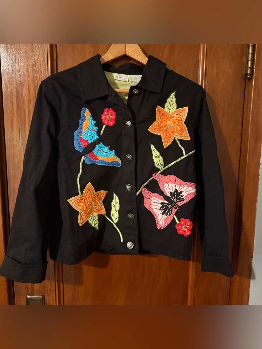 Vtg White Stag Floral Butterfly Embroidered Patchwork Black Denim Jacket Size S
